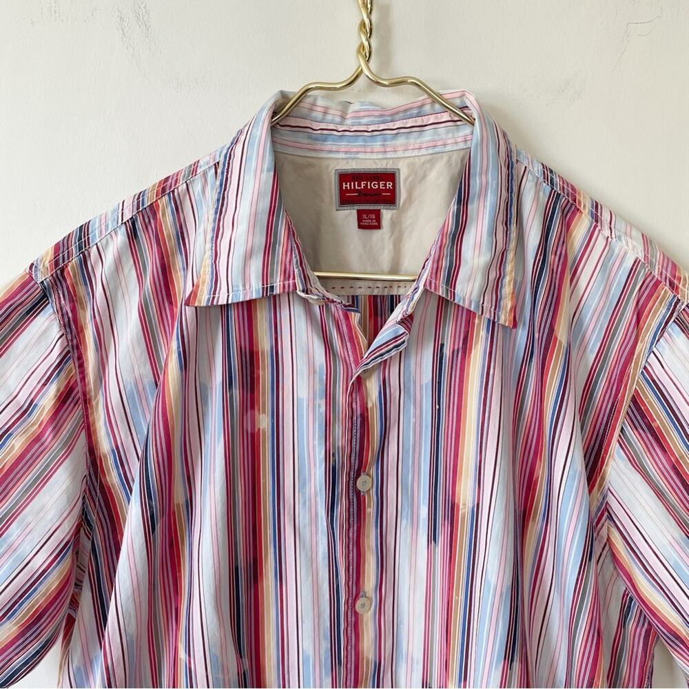 Tommy Hilfiger Red Label Y2K Multicolor Rainbow Short Sleeve Shirt XL - Picture 2 of 6